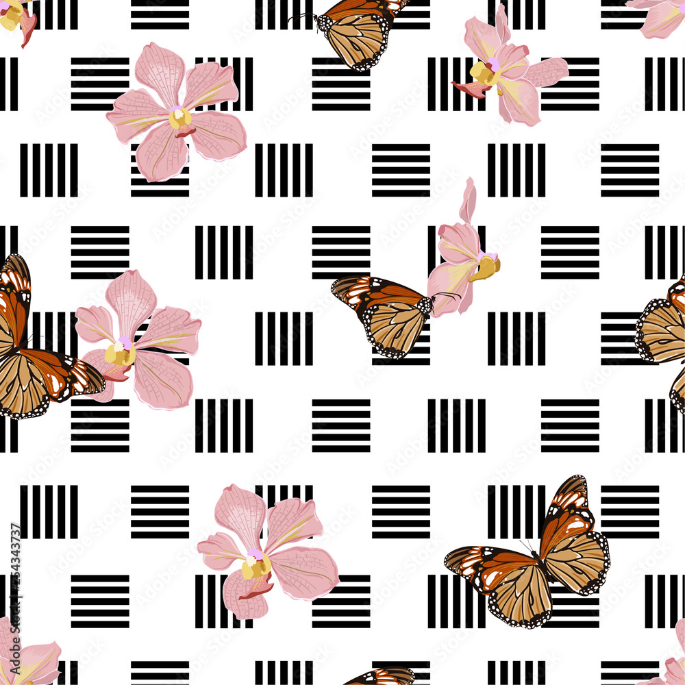 Fototapeta premium Beautiful Vector of butterflies and orchid flowers on geometric line seamless pattern design for fashion, fabric ,wallpaper,web,and all prints