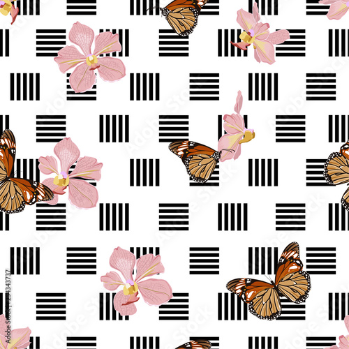 Beautiful Vector of butterflies and orchid flowers on geometric line seamless pattern design for fashion, fabric ,wallpaper,web,and all prints