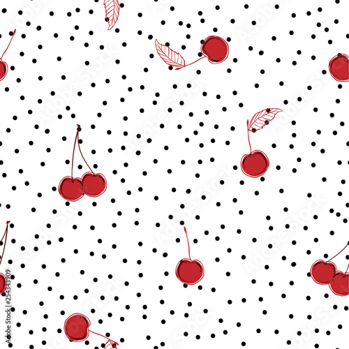 Stylish hand drawn red cherry fruits on random polka dots seamless pattern on vector design for fashion,fabric,web,wallpaper and all prints