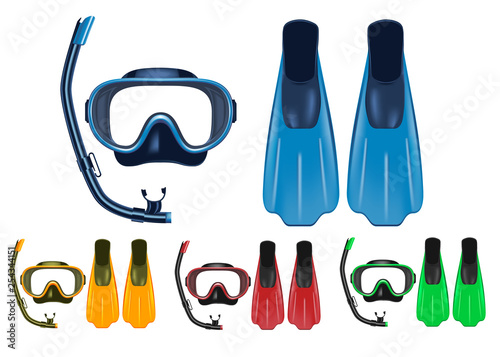 Mask, Snorkel and Fins 3D Realistic Set with Different Colors for Snorkeling, Free Diving and Scuba Diving Activities in Isolated White Background. Vector Illustration