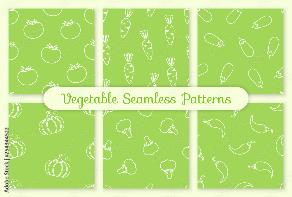 Silhouette seamless vegetable pattern set vector flat illustration. Fresh food pattern in white and green colors with outline vegetable seamless element for fabric print or wallpaper