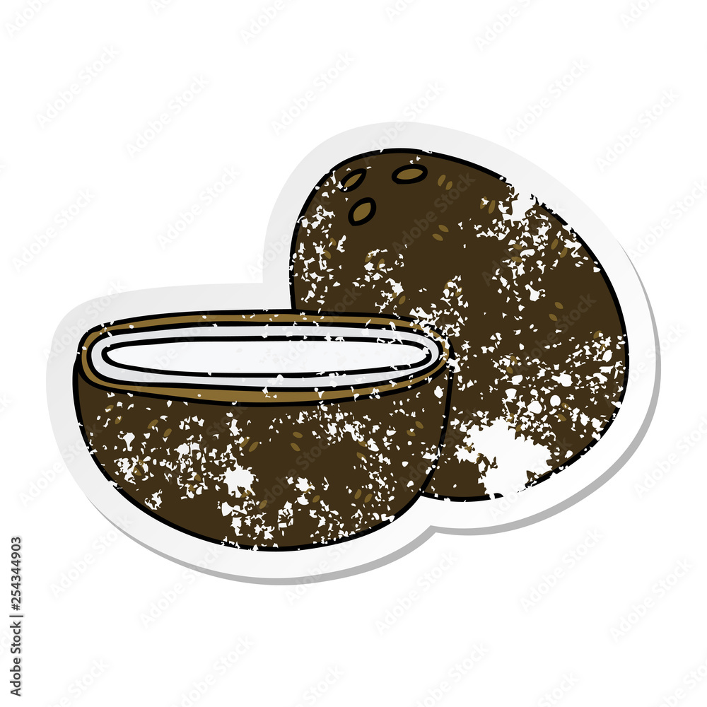 distressed sticker of a quirky hand drawn cartoon coconut distressed sticker of a quirky hand drawn cartoon coconut