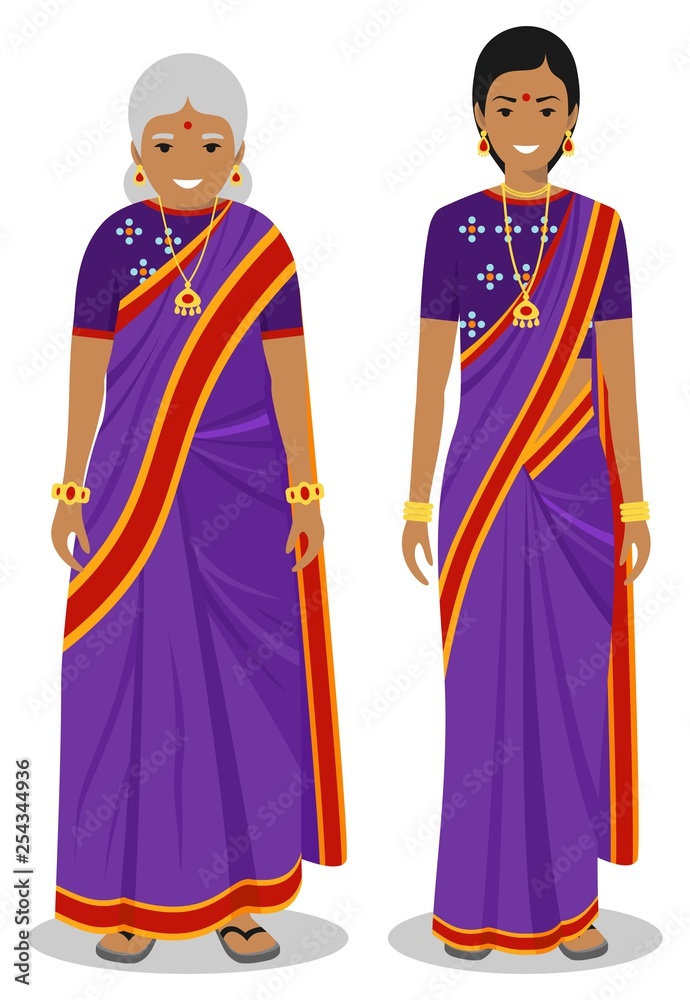 Set of standing together old and young indian woman in the traditional clothing isolated on white background in flat style. Different people in the east dress. Vector illustration. Set of standing together old and young indian woman in the traditional clothing isolated on white background in flat style. Different people in the east dress. Vector illustration.