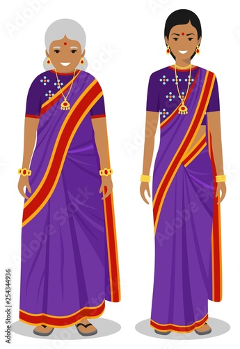 Set of standing together old and young indian woman in the traditional clothing isolated on white background in flat style. Different people in the east dress. Vector illustration.