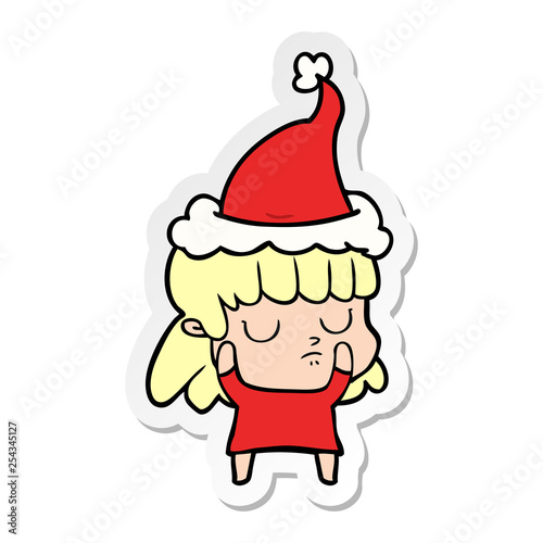sticker cartoon of a indifferent woman wearing santa hat
