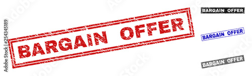 Grunge BARGAIN OFFER rectangle stamp seals isolated on a white background. Rectangular seals with grunge texture in red, blue, black and gray colors.