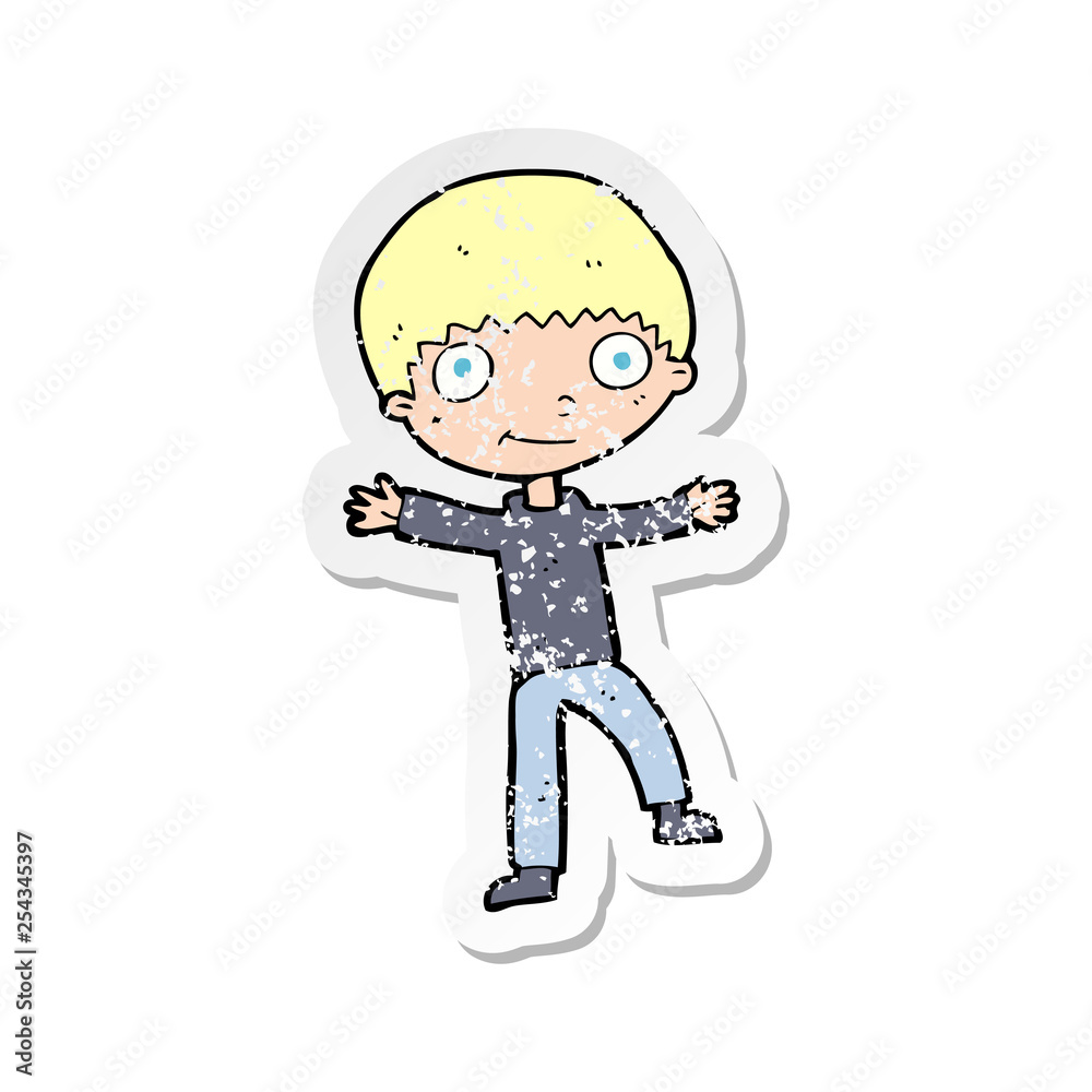 retro distressed sticker of a cartoon happy boy retro distressed sticker of a cartoon happy boy