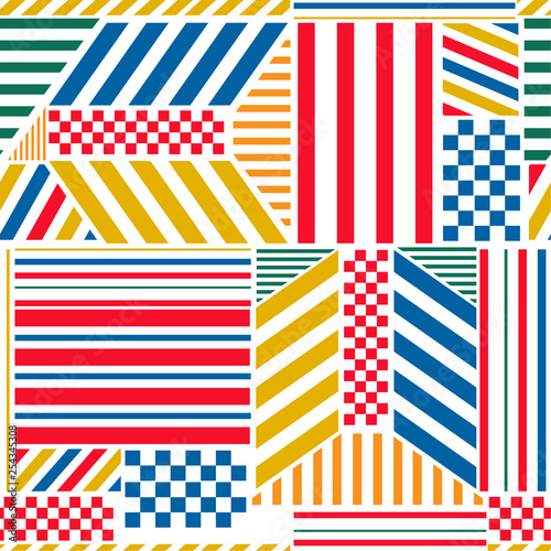 Bright Colorful trendy geometric pattern with bright bold stripe blocks mix with checkered modern style elements design for fashion advertising,web,fabric wallpaper and all prints