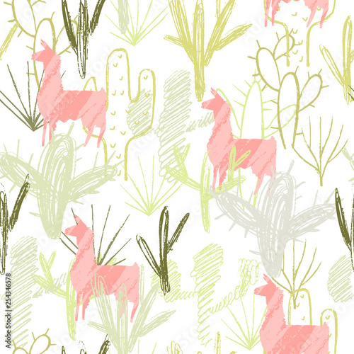 Pencil style cactus set and pink llama background. Element of seamless pattern. Vector illustration.