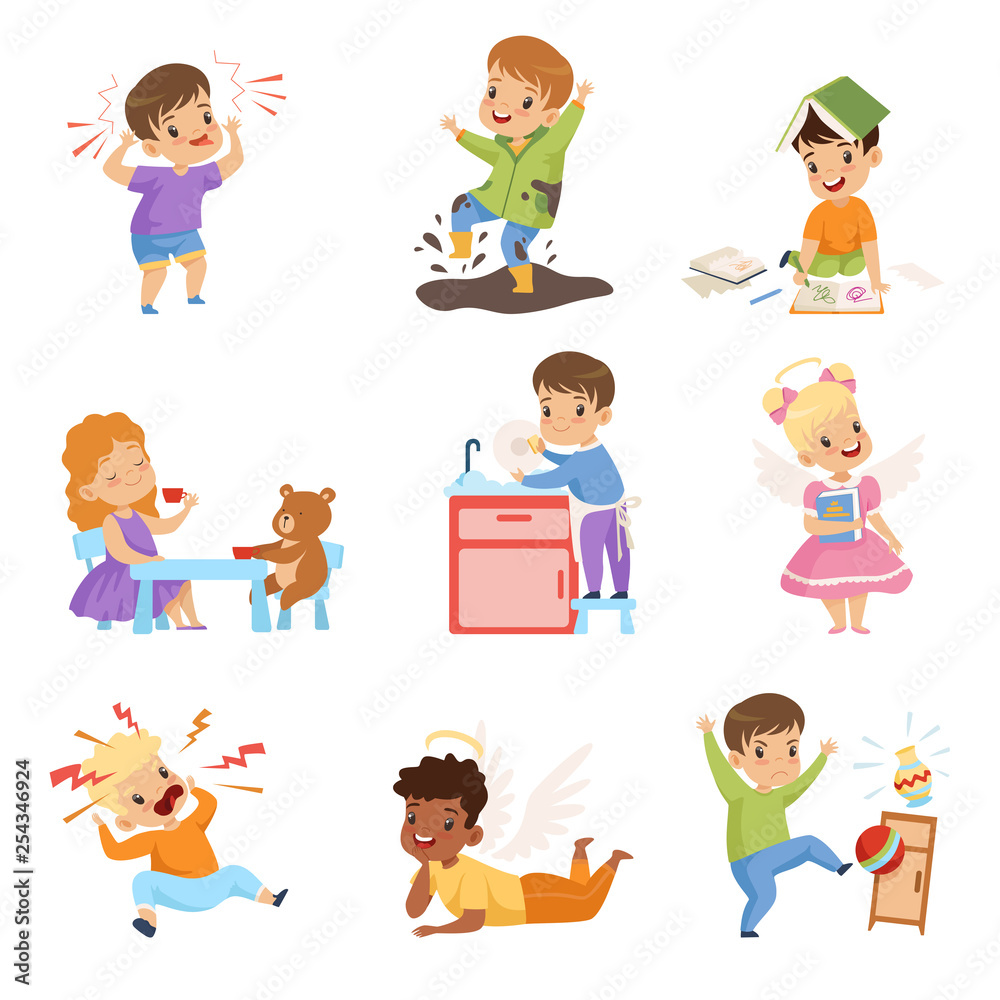 Naughty and Obedient Kids Set, Children with Good Manners and Hooligans Vector Illustration Naughty and Obedient Kids Set, Children with Good Manners and Hooligans Vector Illustration