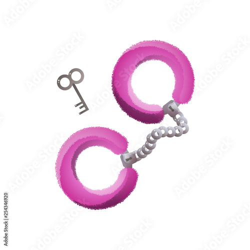 Handcuffs with soft pink decor and key isolated on white background