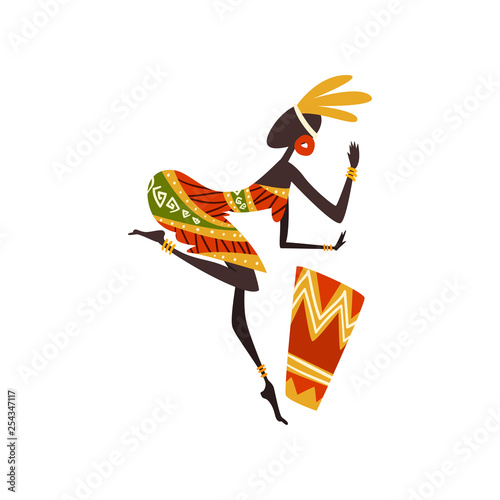 African Woman Dancing and Playing Drum, Female Aboriginal Dancer in Traditional Ethnic Clothing Vector Illustration