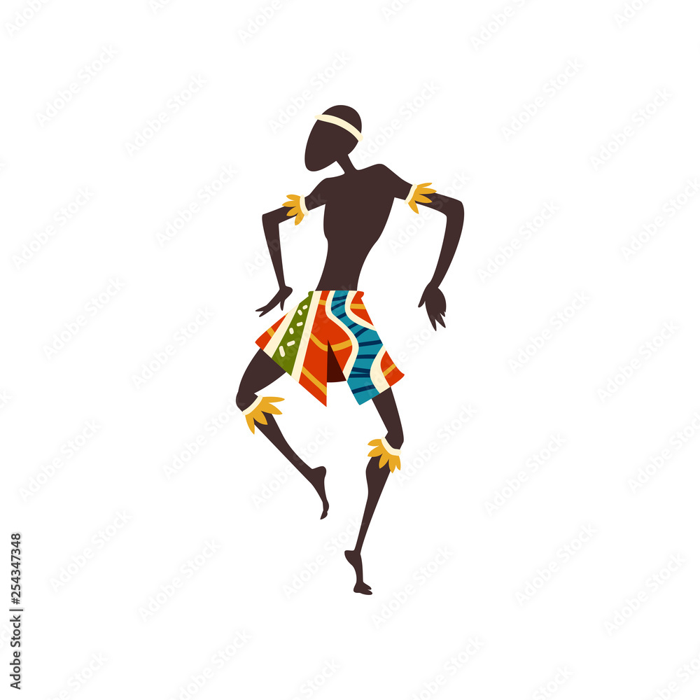 African Man Dancing, Aboriginal Dancer in Bright Ornamented Ethnic Clothing Vector Illustration