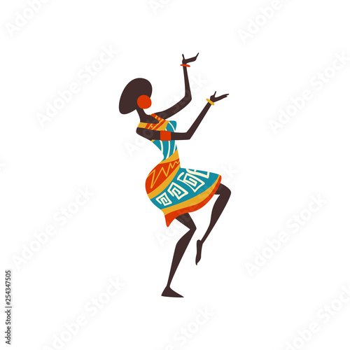 Beautiful African Woman Dancing, Female Aboriginal Dancer in Bright Ornamented Ethnic Clothing Vector Illustration