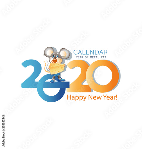 Happy new year greeting card for 2020 with the main big numbers and a mouse with cheese. Congratulations with a funny character. Symbol of the year.
