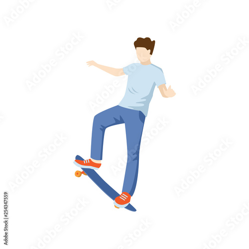 Man performs skateboard stunts isolated on white background.