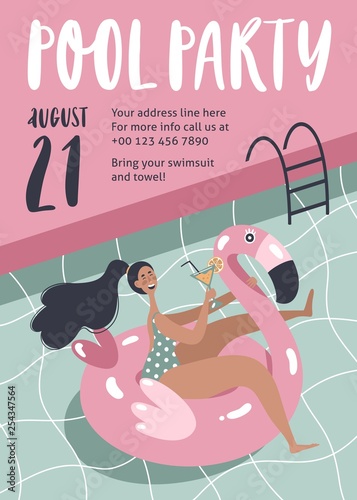 Pool summer party poster or invitation template with girl swimming on pink flamingo float circle. Vector illustration.