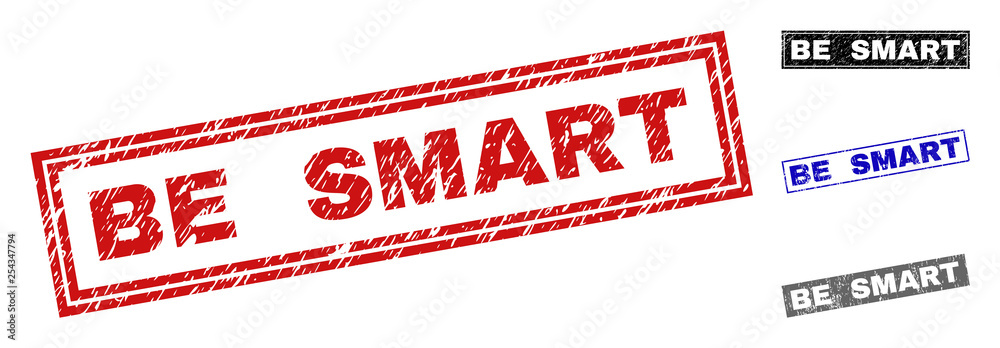 Grunge BE SMART rectangle stamp seals isolated on a white background. Rectangular seals with grunge texture in red, blue, black and gray colors. Grunge BE SMART rectangle stamp seals isolated on a white background. Rectangular seals with grunge texture in red, blue, black and gray colors.