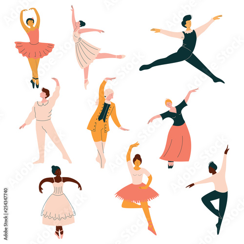 Collection of Ballet Dancers, Men and Women Dancing Classical Dance Vector Illustration