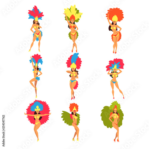 Collection of Beautiful Girls Wearing Bright Festival Costumes Dancing, Brazilian Carnival Samba Dancers, Rio de Janeiro Festival Vector Illustration