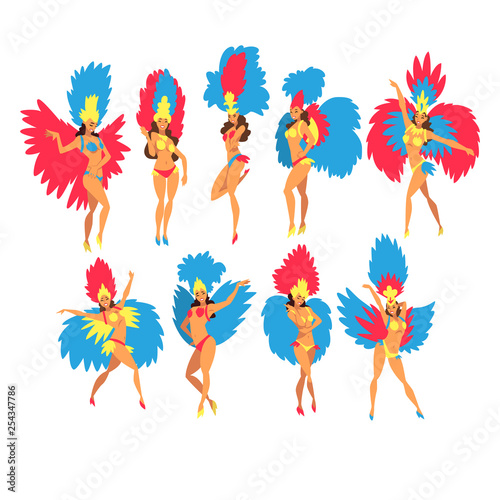 Beautiful Young Woman in Colorful Festival Costumes Dancing Set, Brazilian Samba Dancers, Rio de Janeiro Carnival Vector Illustration