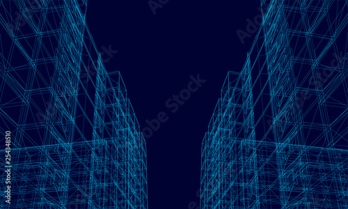 Background with wireframe polygonal buildings on the sides. 3D. The drawing of the buildings of the blue lines on a dark background. Vector illustration