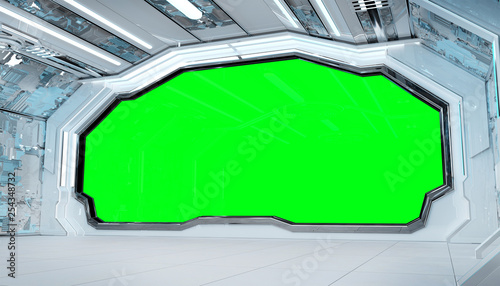 Fototapeta Naklejka Na Ścianę i Meble -  White blue spaceship futuristic interior mockup with window view 3d rendering
