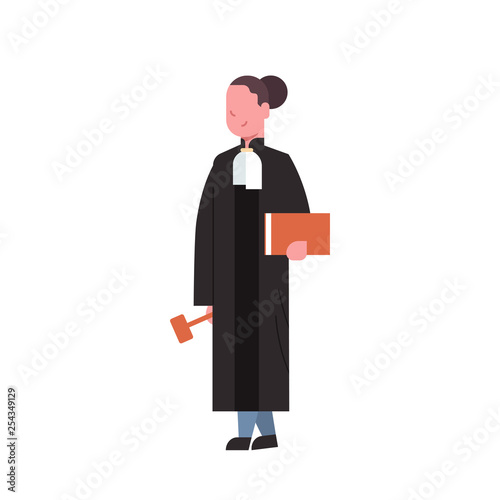 judge woman court worker in judicial robe holding book and hummer low justice professional occupation concept female cartoon character full length white background flat