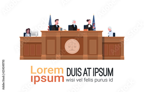 law process with judge secretary suspect sitting at workplace wooden tribune court session white background copy space horizontal