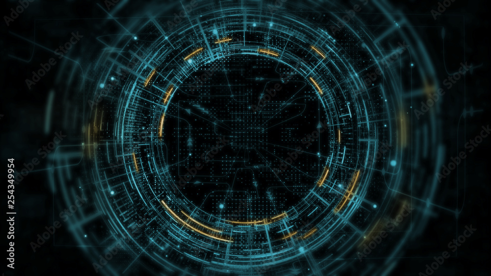 3D Rendering of abstract technology product showcase. Glowing yellow and blue color Sci-fi circle circuit hud on dark background. For technology, big data, deep machine learning, crypto currency. 3D Rendering of abstract technology product showcase. Glowing yellow and blue color Sci-fi circle circuit hud on dark background. For technology, big data, deep machine learning, crypto currency.