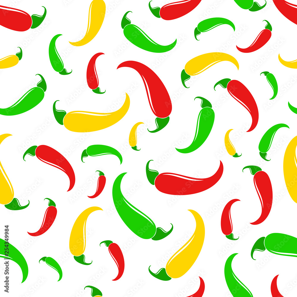 Simple flat style red chili pepper illustration. Vector seamless pattern