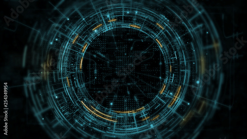 3D Rendering of abstract technology product showcase. Glowing yellow and blue color Sci-fi circle circuit hud on dark background. For technology, big data, deep machine learning, crypto currency.