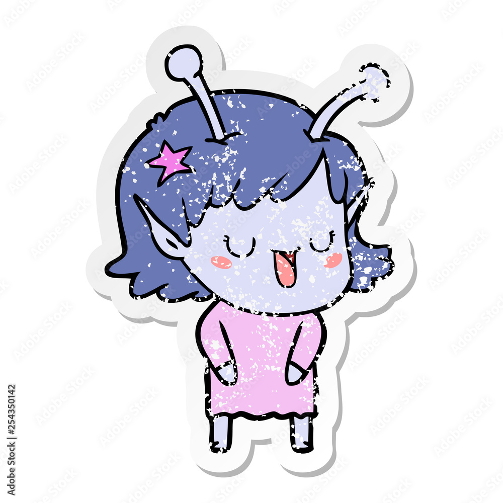 Fototapeta premium distressed sticker of a happy alien girl cartoon
