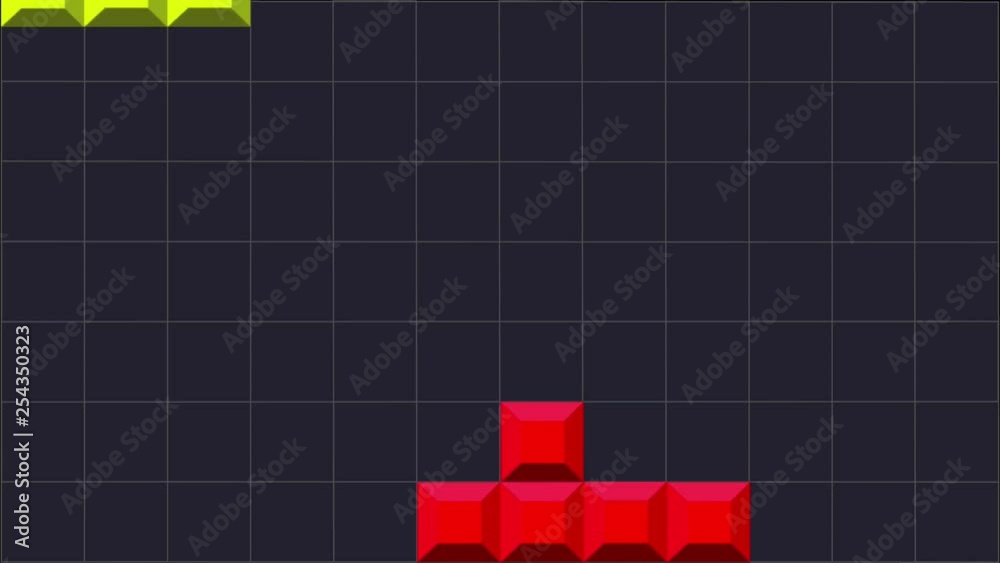 Animation cartoon flat style of colorful tetris bricks going down and fitting together on a grid background