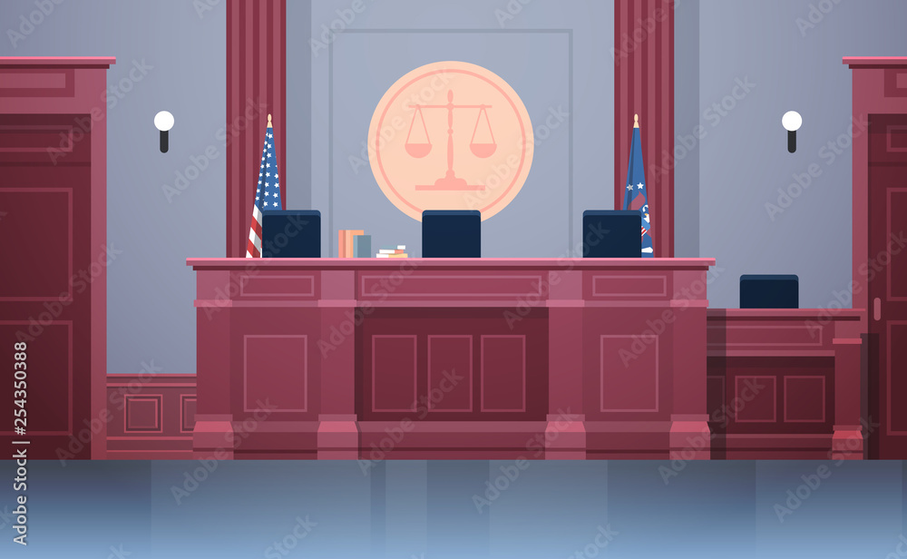 empty courtroom with judge workplace chairs and table modern courthouse