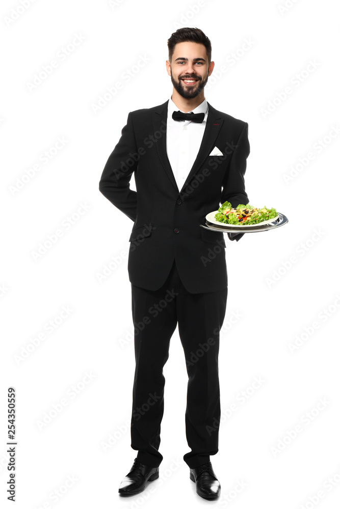 Waiter with salad on white background Waiter with salad on white background