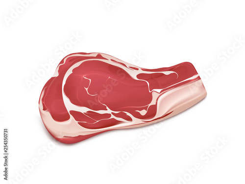 Piece or fresh meat, raw marbled fillet of pork, cow or lamb, tenderloin for steak, barbeque cooking 3d realistic vector illustration isolated on white background. Culinary ingredient, protein diet