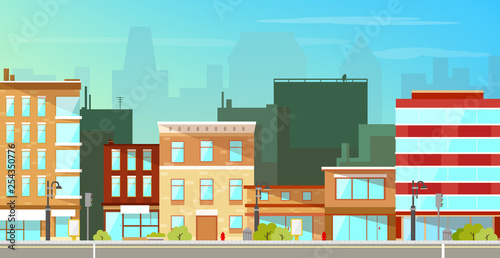 Modern city  town street flat vector with low-rise houses  commercial  public buildings in various architecture styles  sidewalk with city lights and road illustration. Metropolis outskirt background