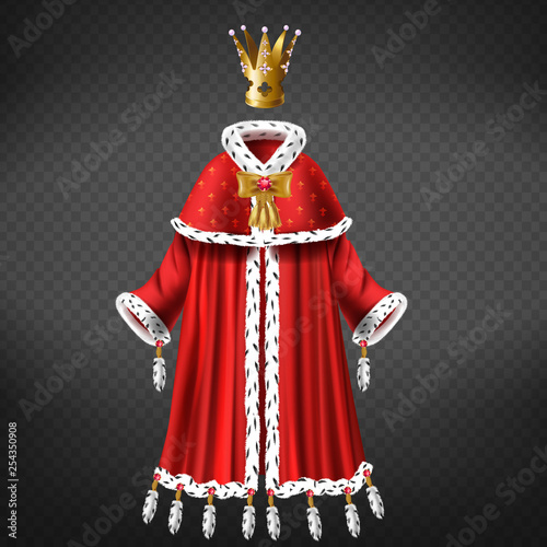 Queens, princess royal robe with cape, mantle trimmed ermine fur, decorated tassels, bow with ruby, gold crown inlaid pink perl 3d realistic vector isolated on transparent background. Monarch clothing