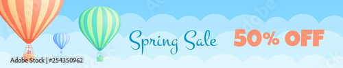 Hot air balloon travel sale vector illustration White clouds on spring blue sky with big sign Spring Sale, colorful striped hot air balloon with couple for sale discount offer. Clipping mask applied.