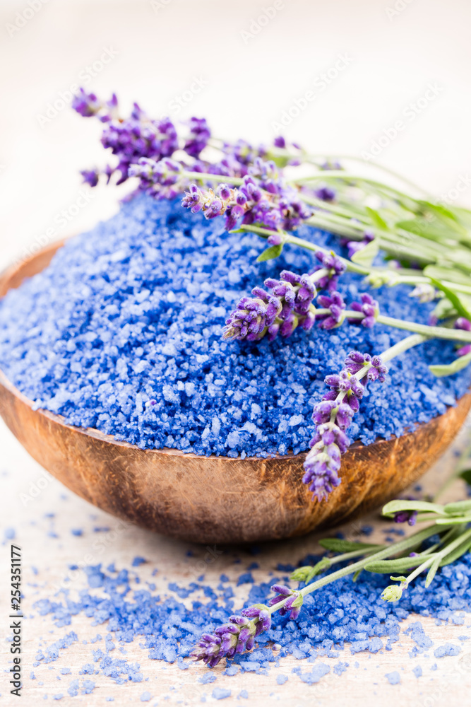 Essential lavender salt with flowers top view. Essential lavender salt with flowers top view.