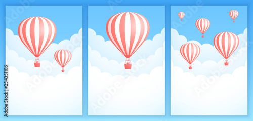 Hot air balloon cloud travel vector illustration. Set of sky art promotion banner templates with colorful striped hot air balloons, white clouds and blue sky for birthday promo. Clipping mask applied.