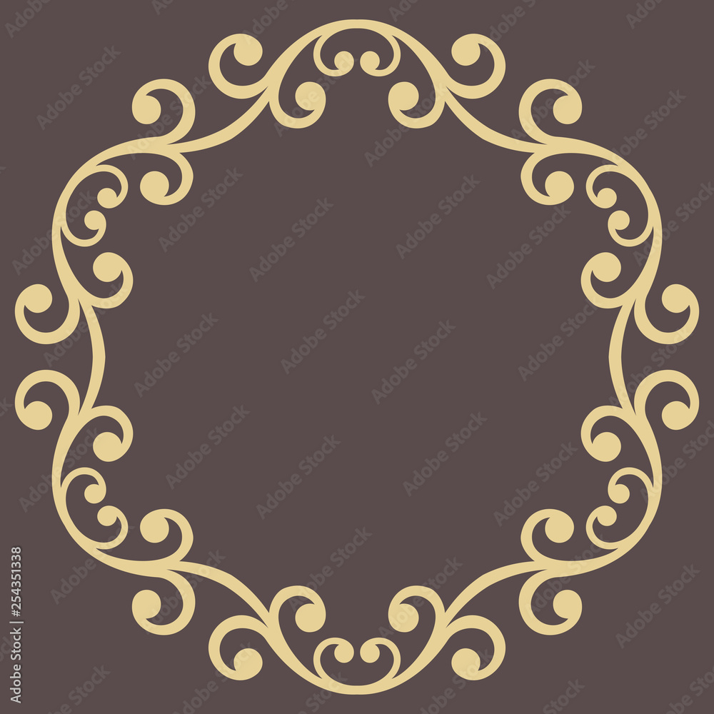 Oriental vector round frame with arabesques and floral elements. Floral golden border with vintage pattern. Greeting card with place for text
