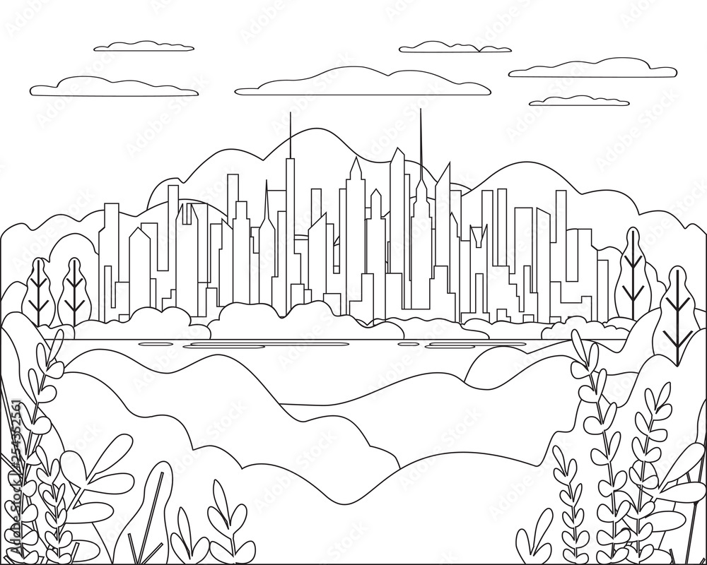Obraz premium Thin line city landscape flat. Panorama design urban modern city with high skyscrapers, buildings, mountains, hills, trees, sky, clouds and sun Line art abstract backround, linear vector illustration