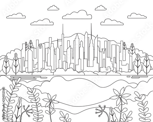 Thin line city landscape flat. Panorama design urban modern city with high skyscrapers, buildings, mountains, hills, trees, sky, clouds and sun Line art abstract backround, linear vector illustration