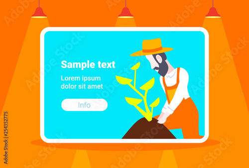 bearded gardener planting young plant in greenhouse organic gardening concept male cartoon character portrait flat horizontal copy space