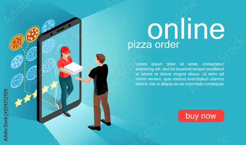 Isometric composition of online pizza order concept. Delivery to door. Woman courier with pizza box and man customer. Smartphone with menu. Vector illustration.