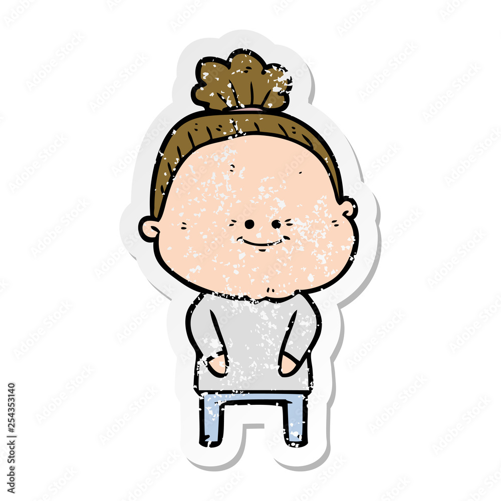 distressed sticker of a cartoon happy old woman distressed sticker of a cartoon happy old woman