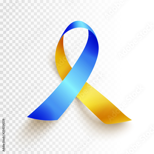 World Down Syndrome day. March 21. Realistic blue yellow ribbon symbol over transparent background. Vector.