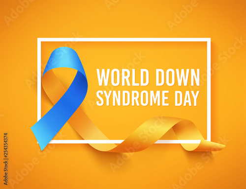 World Down Syndrome day. March 21. Realistic blue yellow ribbon symbol. Template for poster. Vector.